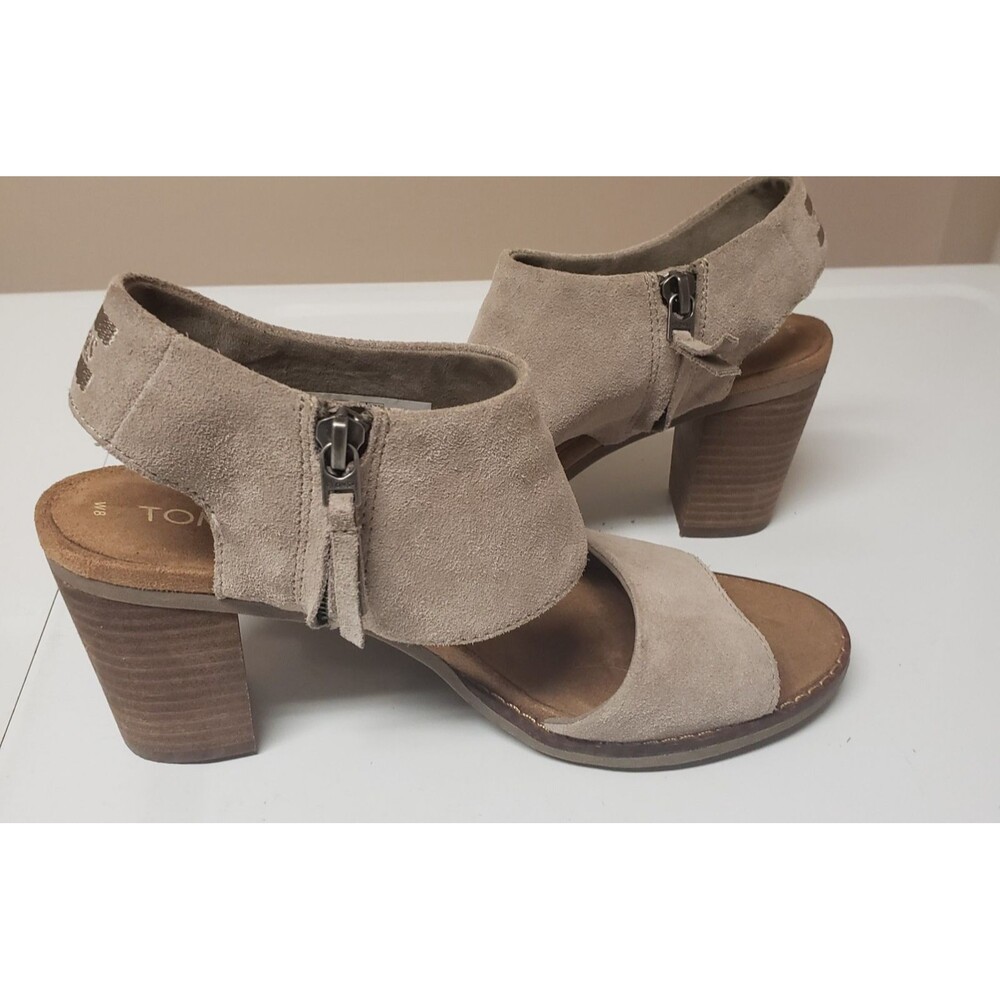 TOMS Majorca Women’s Tan Suede Block Heel Sandals Leather Strap Size 8 POE